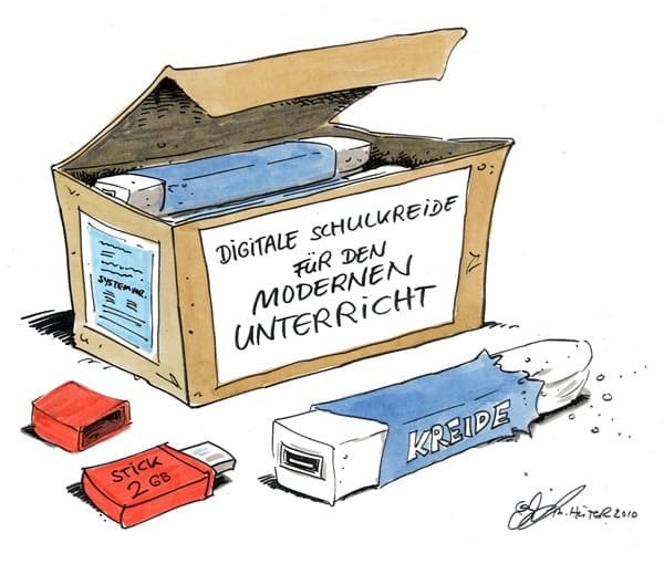 Cartoon: Digitalkreide Schulkreide mit USB-Anschluss für den digitalen Schul-Unterricht