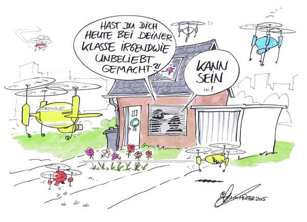 Cartoon von Michael Hüter: Drohnen