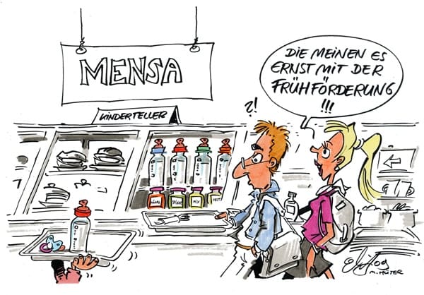 Cartoon: Frühförderung In der Mensa steht Kleinkind mit Schnuller an der Essensausgabe an