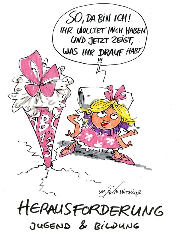 Cartoon: Herausforderung Jugend und Bildung, Mädchen zur Einschulung fordert Eltern