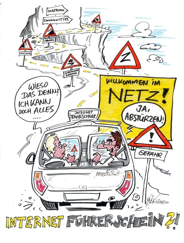 Cartoon: Internetführerschein Zwei Personen fahren in einem Auto der Internet-Fahrschule