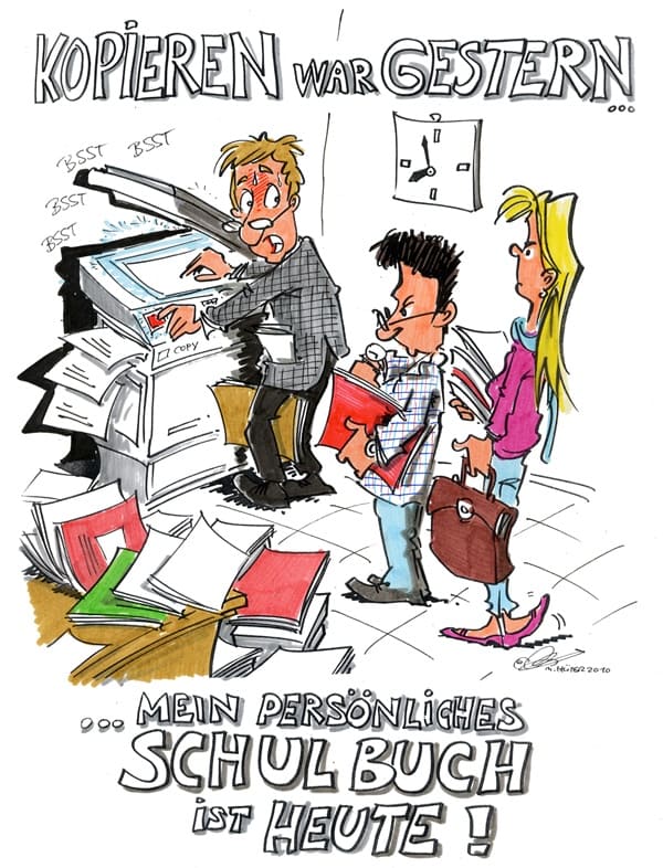 Cartoon: Kopieren war gestern Lehrer kopiert einen großen Stapel an Zetteln, zwei weitere Lehrerinnen warten entnervt auch dran zu kommen.