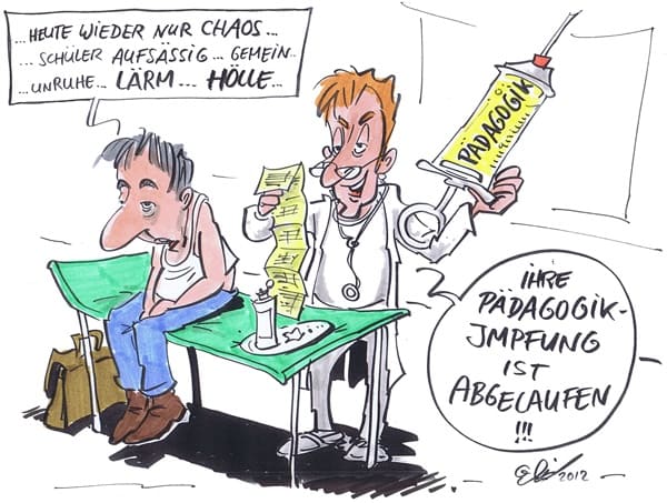 Cartoon: Pädagogik-Impfung von Michael Hüter Arzt steht mit Pädagogik-Impfung im Arztzimmer um Patienten zu impfen
