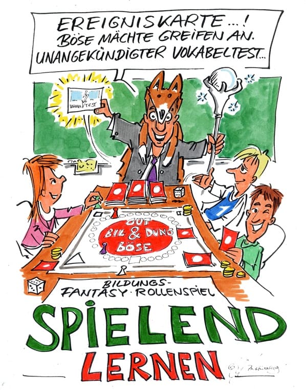 Cartoon: Spielend lernen! Die Schulklasse versucht sich am Bildungs-Fantasy-Rollenspiel.
