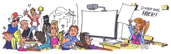 Cartoon von Michael Hüter Klasse ist energiegeladen, Lehrerin zeigt leere Tafel