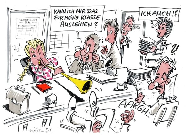 Cartoon: Vuvuzela-Pädagogik Lehrerin bläst durch Vuvuzela, die anderen Lehrer wollen die Tröte auch haben.