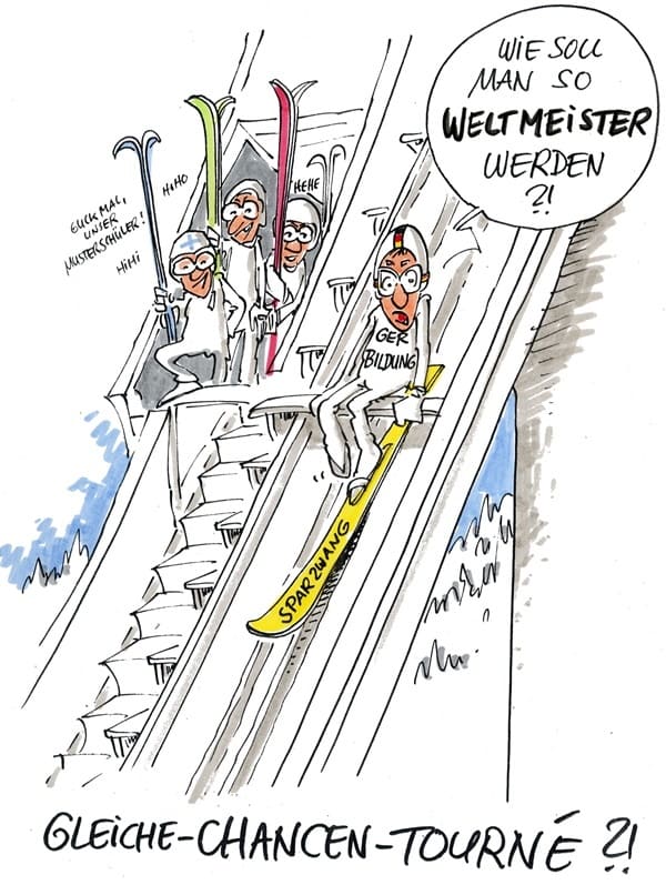 Cartoon: X-Chancen-Tourné Durch den Sparzwang hat die deutsche Bildung in der Tourné keine Chance.
