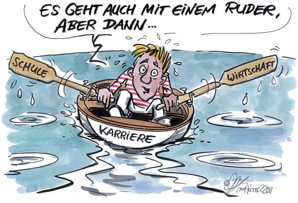 Cartoon: Zwei Ruder von Michael Hüter Mann versucht im schwankenden Boot Balance zu halten.
