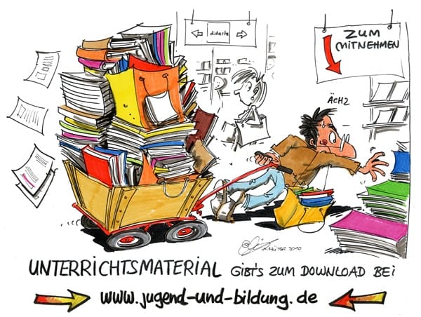 Cartoon: did-B-Wagen Lehrer zieht Bollerwagen mit schweren Büchern
