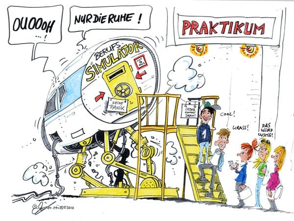 Cartoon: Berufssimulation Ein Berufssimulator wurde aufgebaut. Schülerinnen und Schüler besuchen den Berufssimulator.