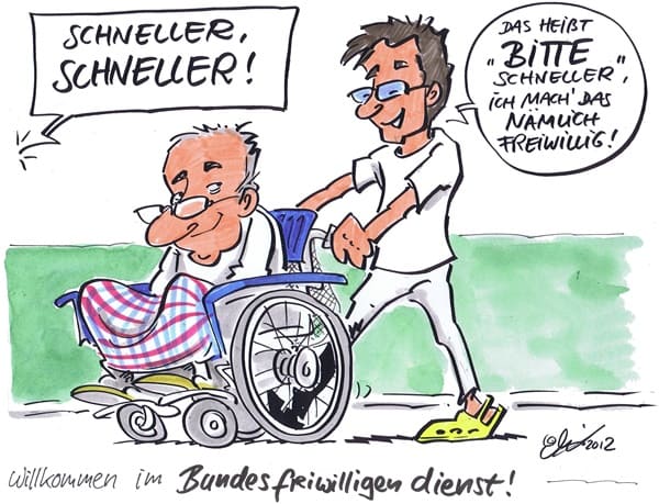 Cartoon: Bufdi von Michael Hüter Bundesfreiwilligendienstler schiebt alten Mann im Rollstuhl.