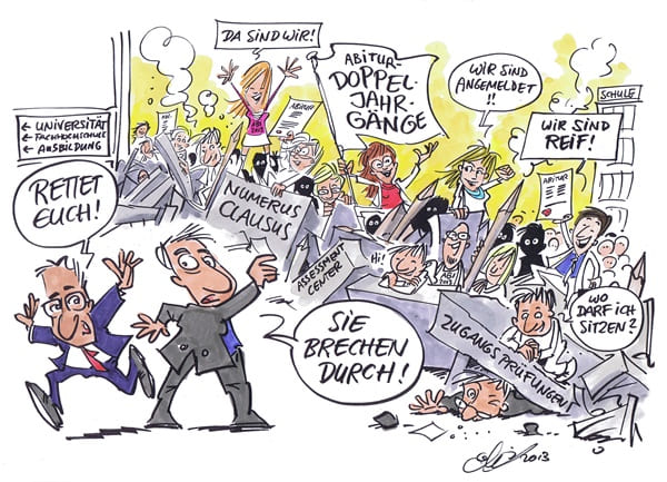 Cartoon: Doppeljahrgang Die Abitur-Doppeljahrgänge stürmen die Universitäten