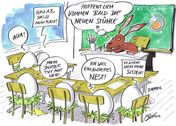 Cartoon: Ergonomie in der Schule In der Hasenschule sitzen die Schülerinnen und Schüler auf unbequemen Plätzen.