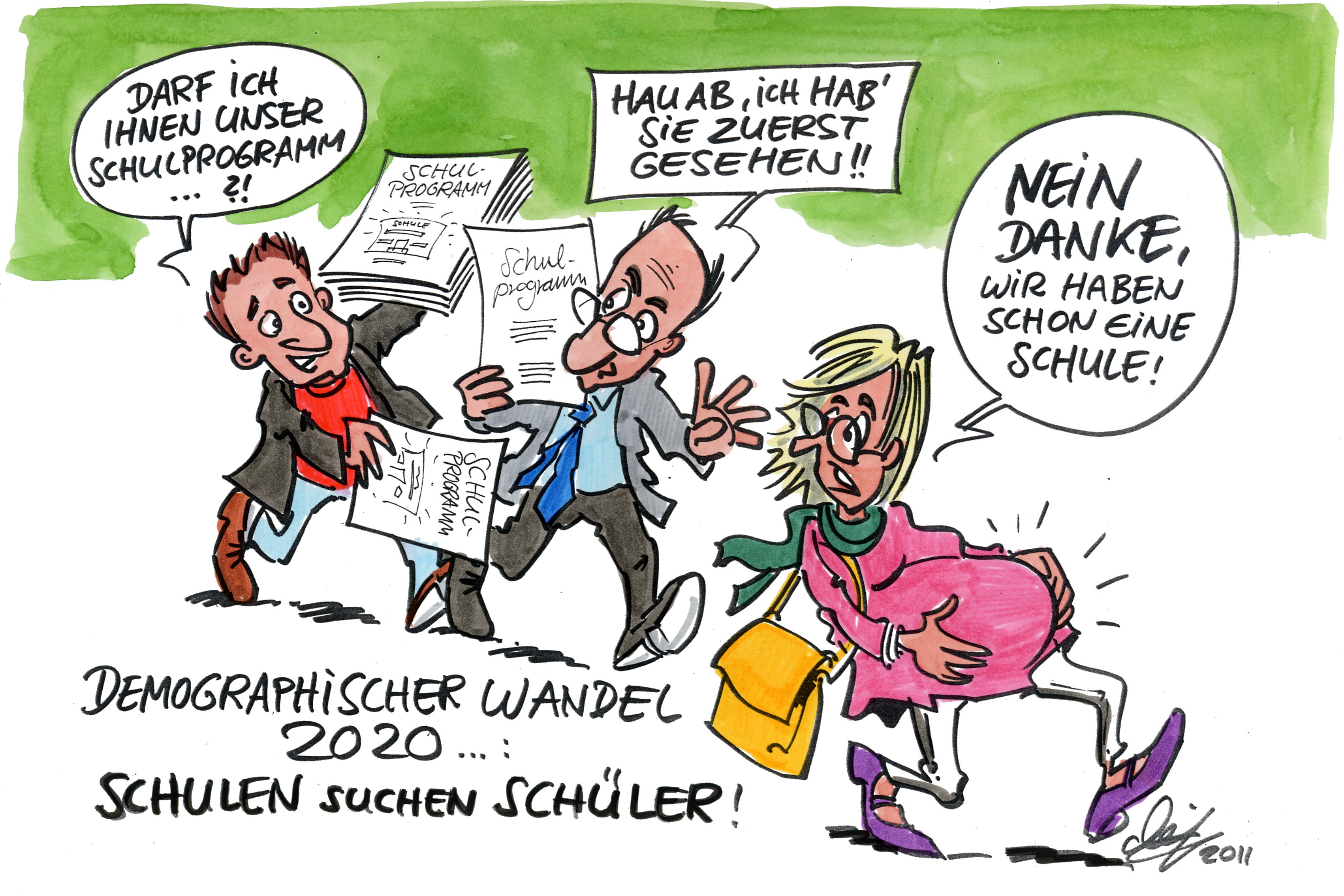 Cartoon: demokratischer Wandel Lehrer versuchen schwangere Frau von ihrer Schule zu überzeugen.