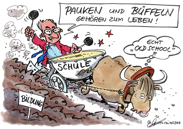 Cartoon: Pauken von Michael Hüter Lehrer treibt mit Pauken und Büffeln die Schule an.