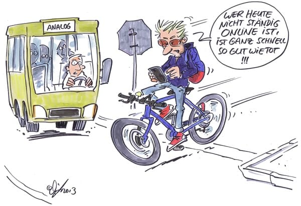 Cartoon: Ständig online von Michael Hüter Junge fährt mit Smartphone in der Hand Fahrrad