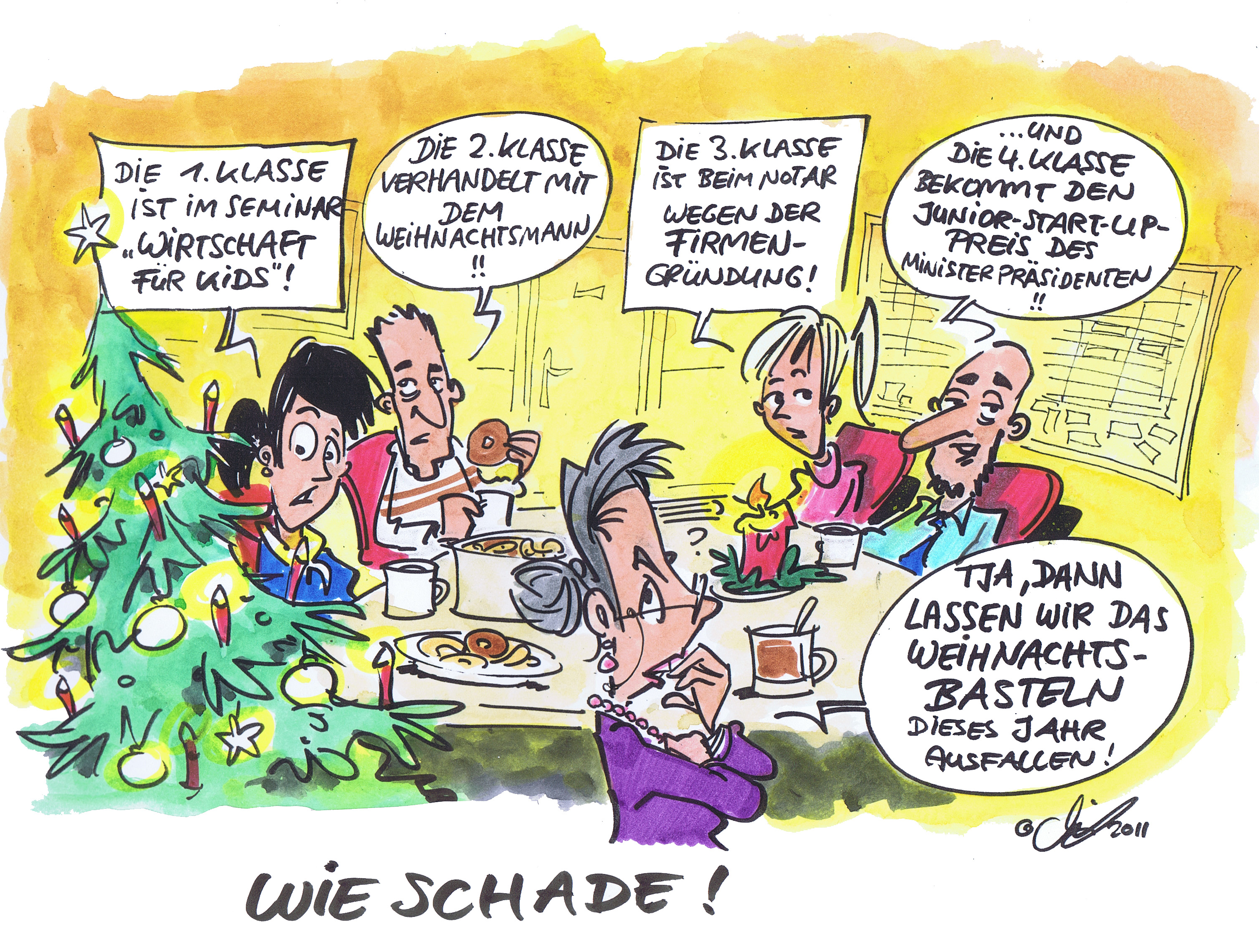 Cartoon: Weihnachtswirtschaft von Michael Hüter Das Weihnachtsbasteln muss wegen vieler Wirtschaftsseminare ausfallen