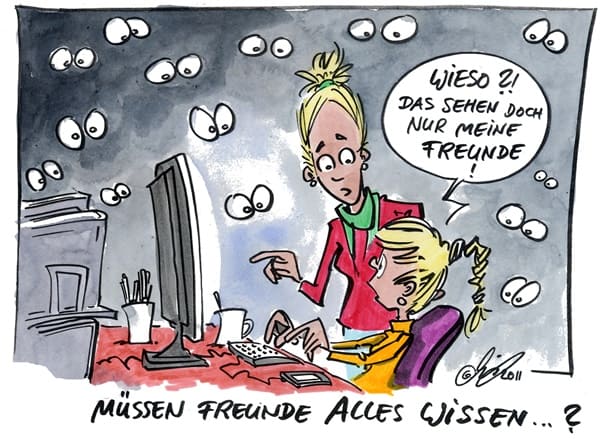 Cartoon: Freunde Mädchen am Rechner, Frau fragt sie, ob sie im Internet alles Preis geben will