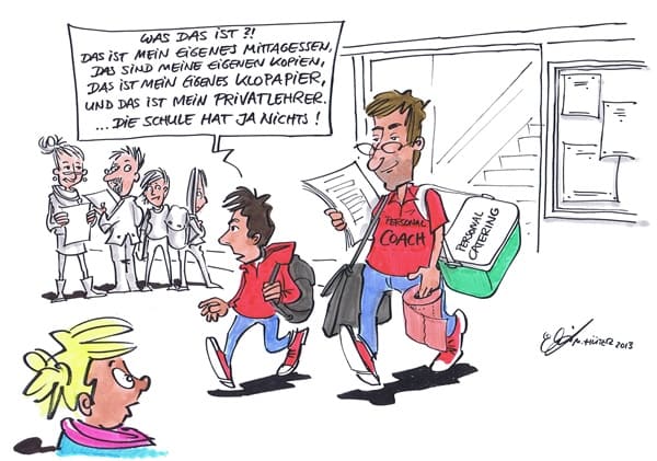 Cartoon: Defizite von Michael Hüter Schüler nimmt Privatunterricht, weil ihm die Ausbildung in der Schule nicht ausreicht.
