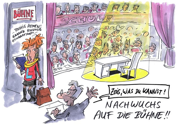 Cartoon: Junglehrerinnen und Junglehrer Nachwuchslehrerinnen und Nachwuchslehrer auf der Bühne