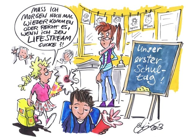 Cartoon: Lifestream Schülerin fragt nach dem ersten Schultag, ob sie von zu Hause aus Unterricht haben kann