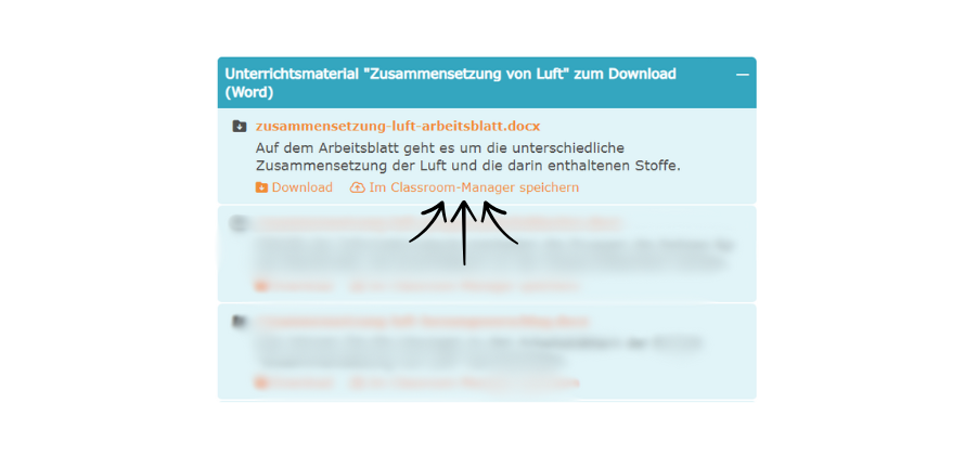 Link-Liste von Lehrer-Online. Der Link "Zum Classroom Manager hinzufügen" unterhalb eines Materiallinks wird mit Pfeilen hervorgehoben