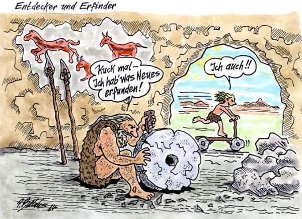 Cartoon der Woche: Entdecker und Erfinder Steinzeitmenschen erfinden das Rad aus Stein