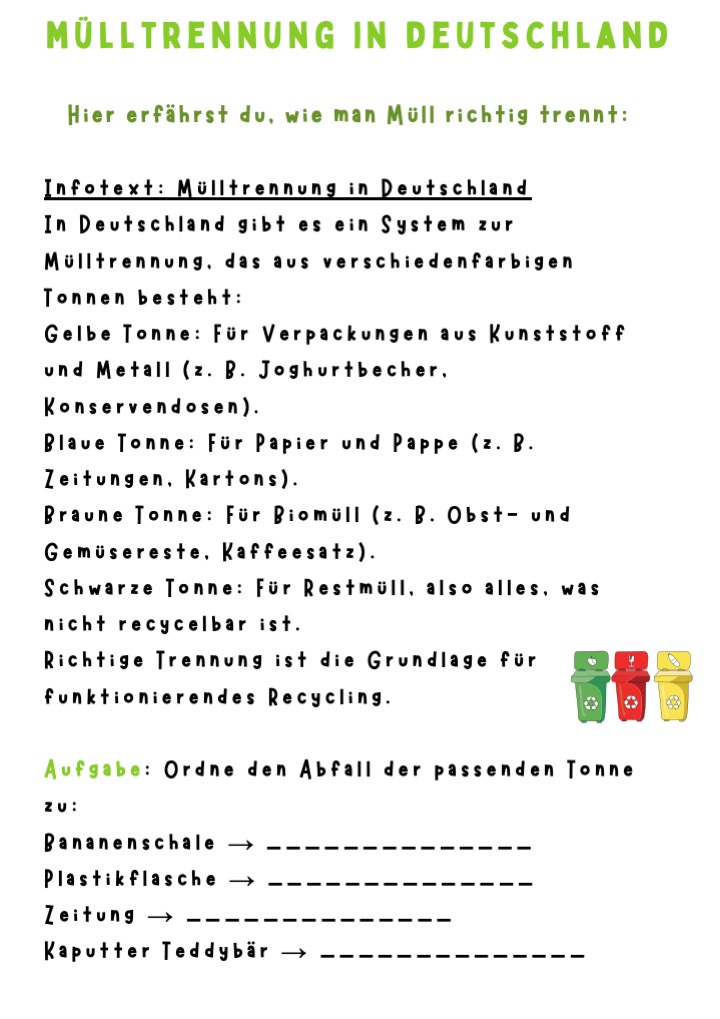 Mülltrennung in Deutschlang Aufgabe