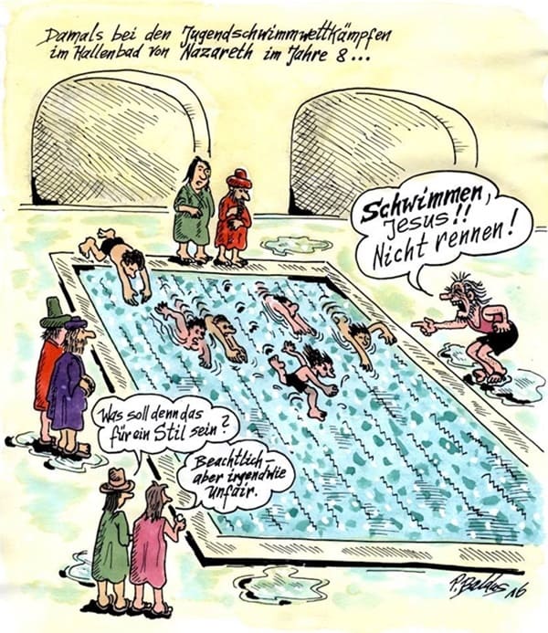 Cartoon der Woche: Hallenbad Schulklasse mit Jesus beim Schwimm-Unterricht