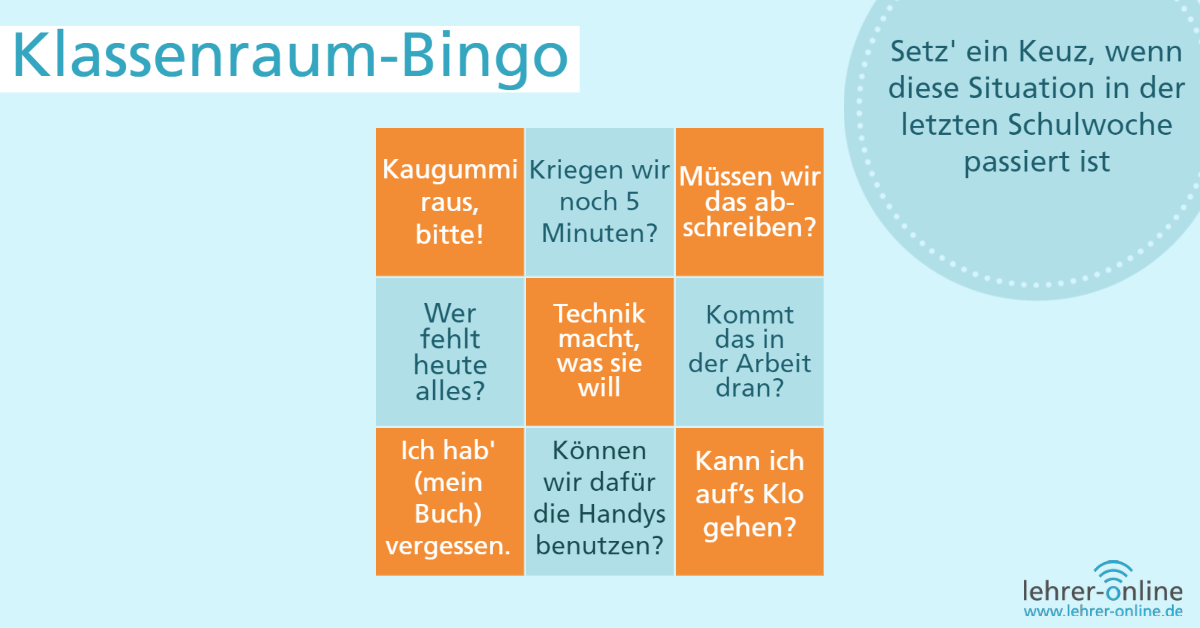 Dieses Bingo-Spiel ist voller typischer Sprüche und Situationen, mit denen Lehrkräfte während ihrer Unterrichtsstunden regelmäßig im Klassenraum konfrontiert sind.