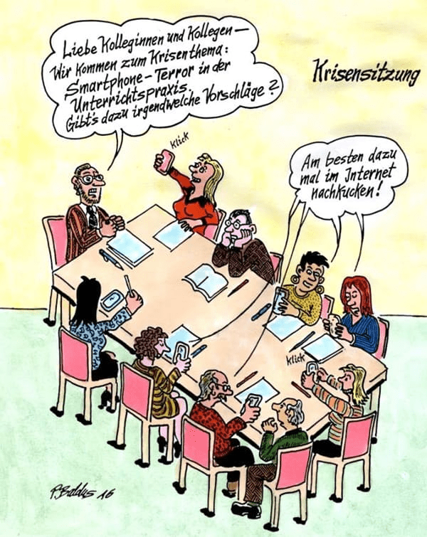 Cartoon der Woche: Krisensitzung Lehrerkollegium hält im Lehrerzimmer eine Krisensitzung