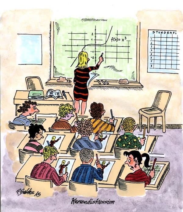 Cartoon der Woche: Kurvendiskussion Schüler sitzen in der Klasse und malen den weiblichen Körper ihrer Lehrerin anstelle der mathematischen Kurvendiskussion