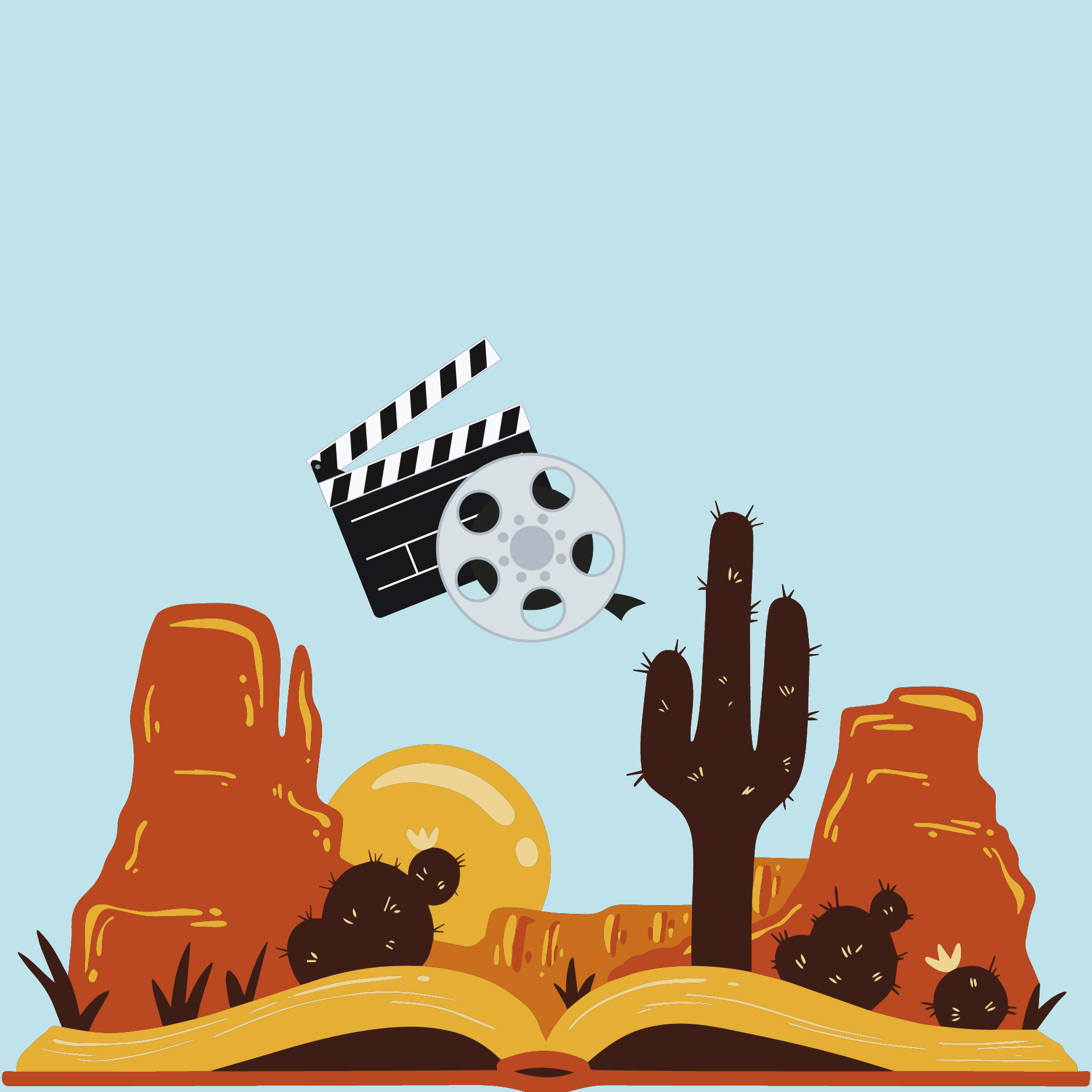 aufgeklapptes Buch und Filmklappe 