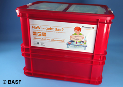 "NaWi – geht das?"-Kiste der Wissensfabrik mit Experimentiermaterialien