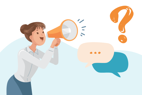 Frau spricht in Megafon, Fragezeichen, Sprechblasen