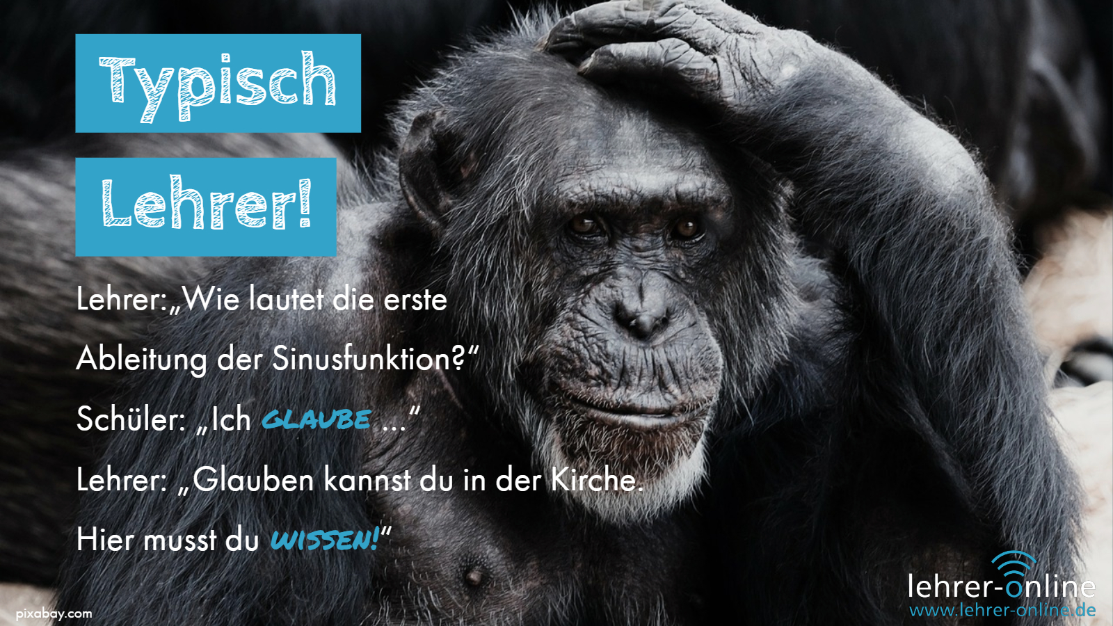 Typisch Lehrer! Lehrer: "Wie lautet die erste Ableitung der Sinusfunktion?" Schüler: "Ich glaube ..." Lehrer: "Glauben kannst du in der Kirche. Hier musst du wissen!"