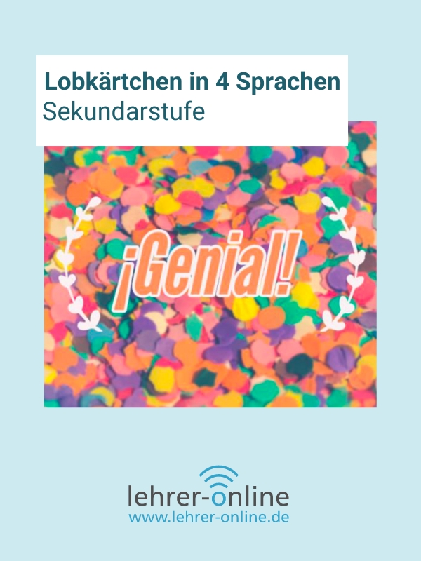 Lobkärtchen mit Konfetti, darauf steht "Genial"