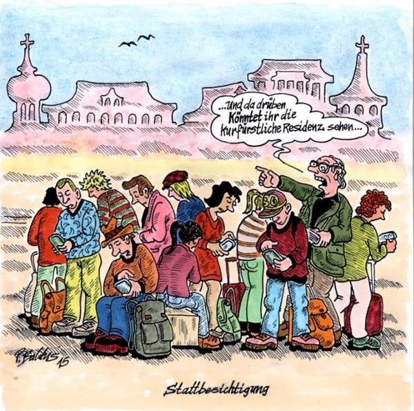 Cartoon der Woche: Stattbesichtigung Lehrer ist mit Klasse in einer Stadt unterwegs