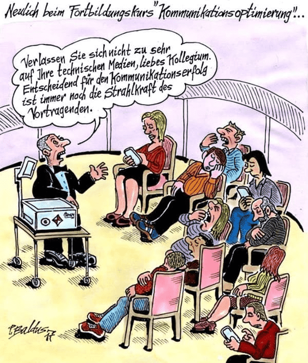 Cartoon der Woche: Strahlkraft Ein Lehrer versucht das Kollegium von seiner Rhetorik zu überzeugen