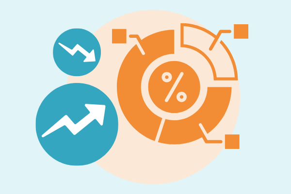 Icons mit Pfeilen, die nach oben und nach unten zeigen, Tortendiagramm mit %-Zeichen in der Mitte