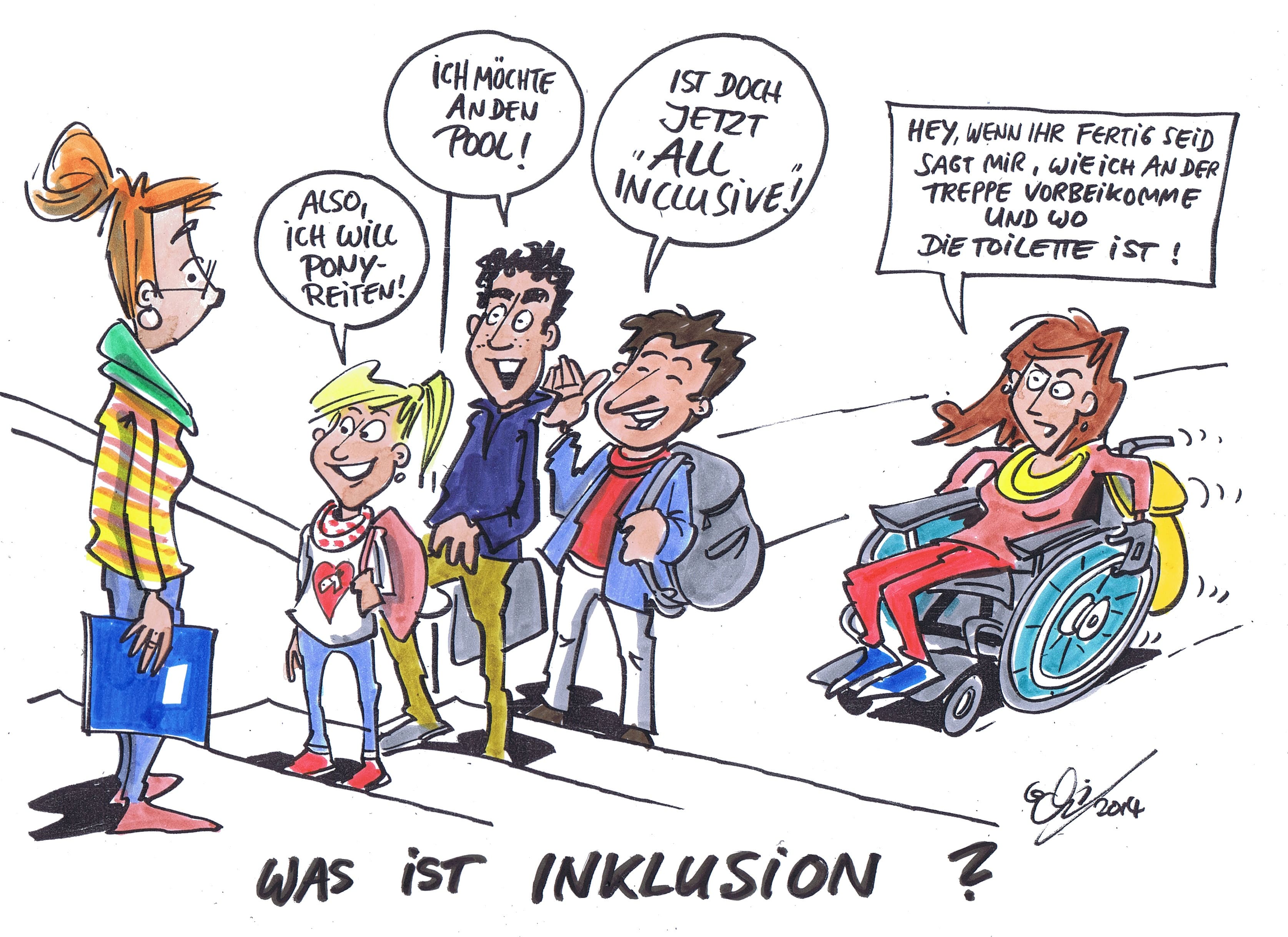 Cartoon: Inklusion Eine Rollstuhlfahrerin mit ihren Klassenkameradinnen und Klassenkameraden