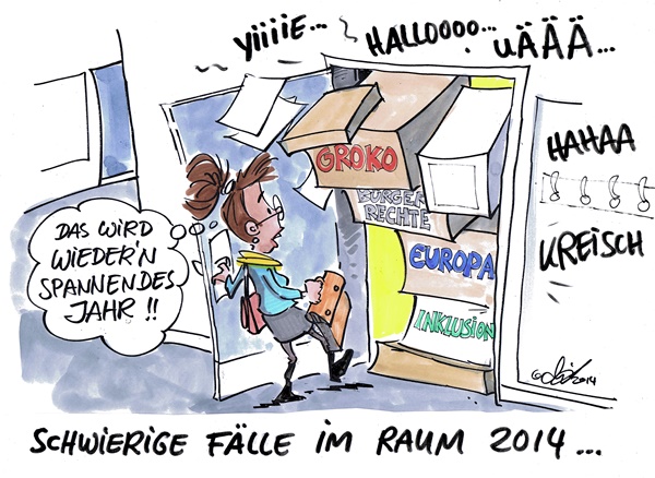 Cartoon: Raum 2014 Frau öffnet die Schranktür