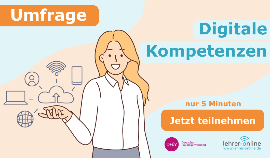 Umfrage: Digitale Kompetenzen. Person mit Icons, die digitale Kompetenzen darstellen