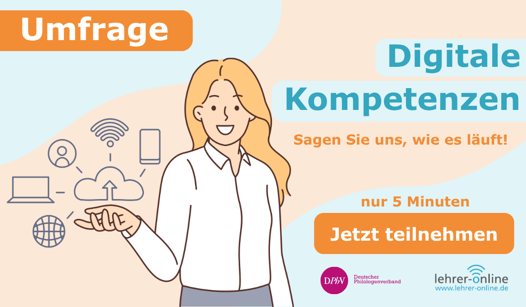 Umfrage: Digitale Kompetenzen. Person mit Icons, die digitale Kompetenzen darstellen