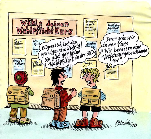 Cartoon der Woche: Wahlpflicht Zwei Schüler diskutieren über Wahlpflichtkurse