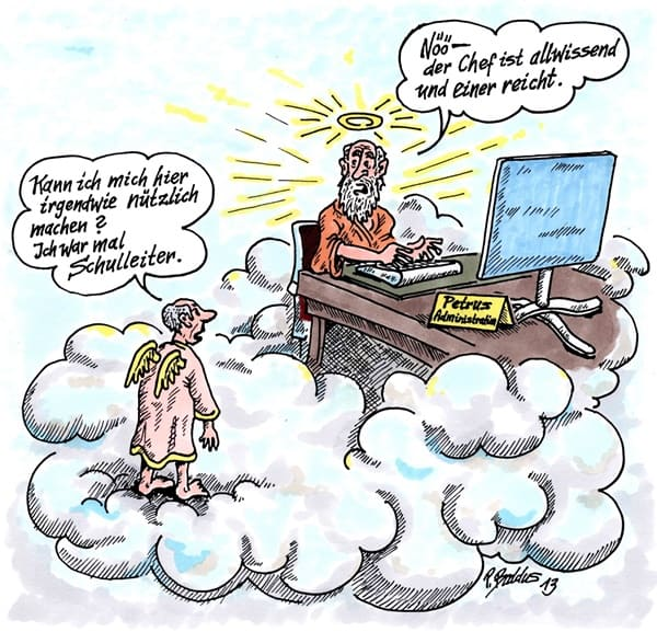 Cartoon der Woche: allwissender Schulleiter Schulleiter steht an den Himmelspforten