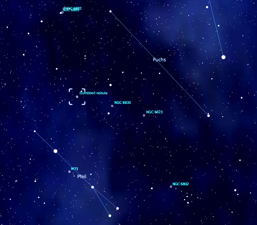 Aufsuchkarte für den Hantelnebel (M 27), erstellt mit Stellarium