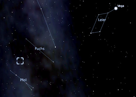 Position des Hantelnebels zwischen Leier, Fuchs und Pfeil (erstellt mit Stellarium)
