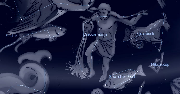 Figürliche Darstellung der Sternbilder Wassermann, Ziegenfisch (Steinbock) und Fische (erstellt mit Stellarium)