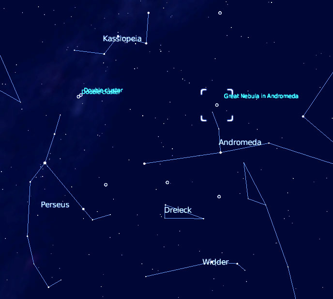 Sternbilder Kassiopeia und Andromeda mit M31, erstellt mit Stellarium